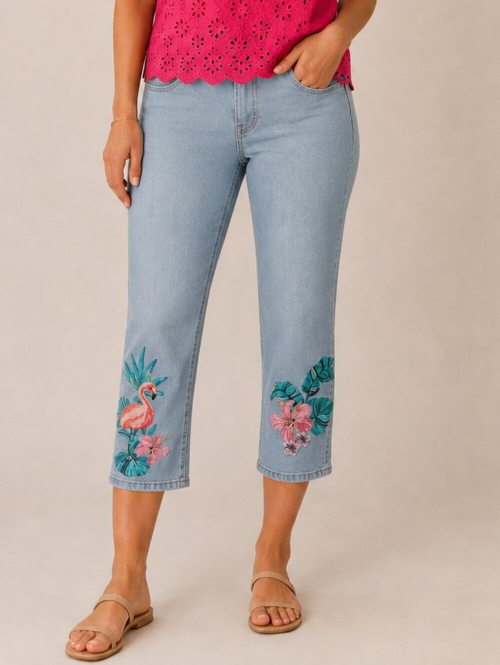 Chico's Floral & Flamingo Embroidered Capri Jeans